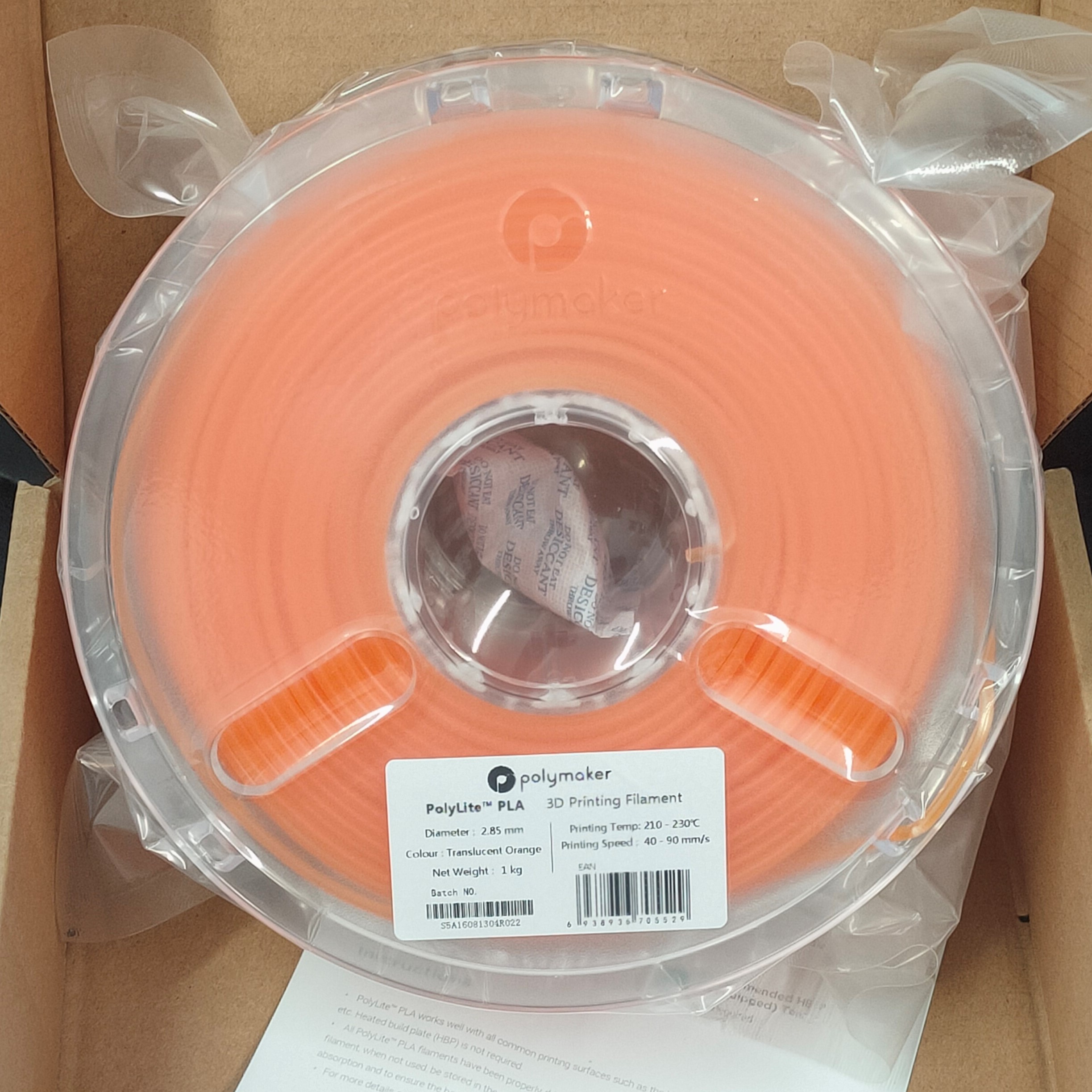 PolyMaker PolyLite PLA 2.85mm Transparent Orange 3D printer filament 1Kg