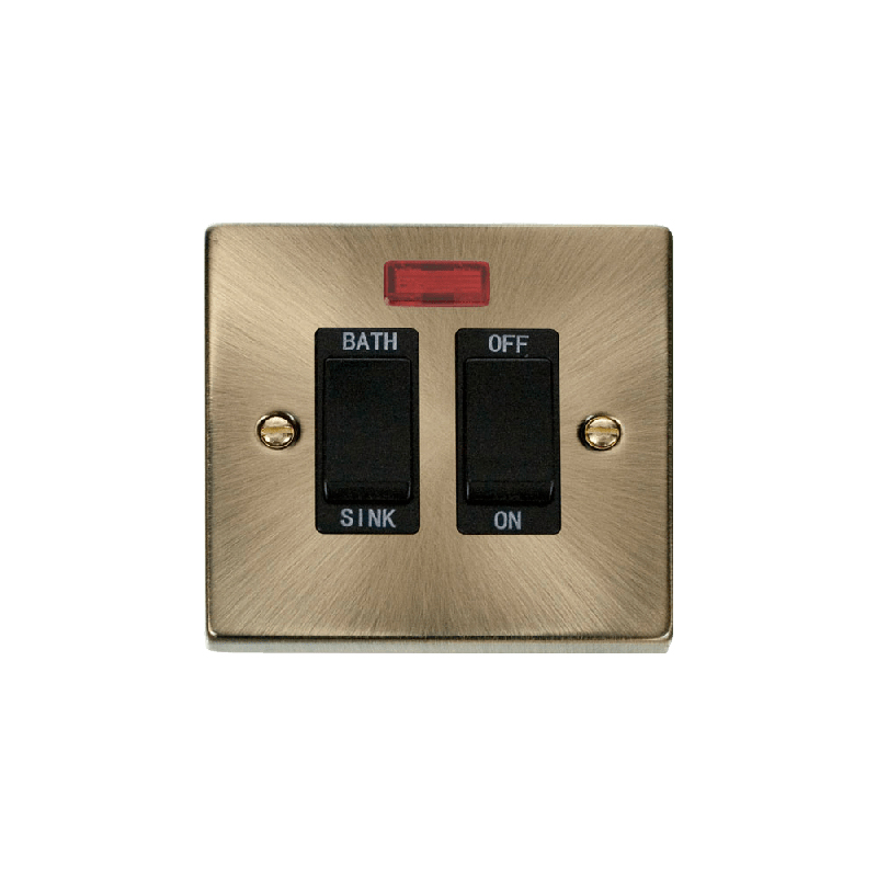 Click Deco 20A DP Sink/Bath Switch with Neon Antique Brass Insert Black