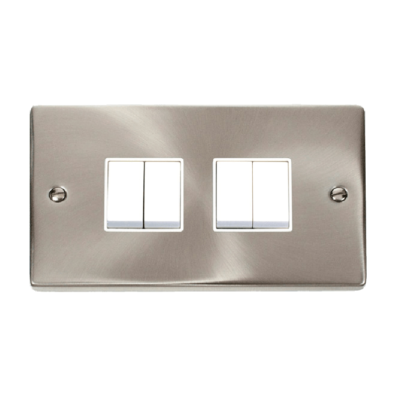 Click Deco 4 Gang 2 Way 10AX Switch Satin Chrome White Inserts