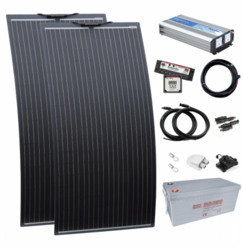 3kw complete dual battery van conversion kit with 2 x 160w black semi-flexible solar panels, 200ah 12v battery and 3000w 230v pure sine wave inverter VANDBKIT-3000