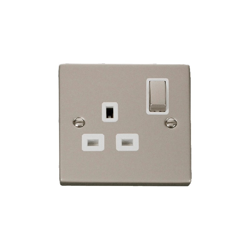 Click Deco 1 Gang 13A DP 'Ingot' Switched Socket Outlet Pearl Nickel Insert White