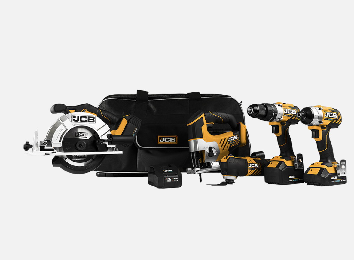 JCB 18V Cordless Power Tool Kit, Combi Drill, Impact Driver, Multi-tool, Jigsaw, 2 x 4.0Ah, 1x 2.0Ah Batteries, Charger & Bag 