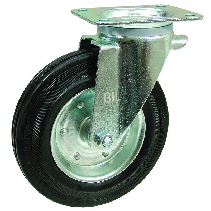 Black Rubber Pressed Steel Plate Swivel Castor 200mm 205kg Load