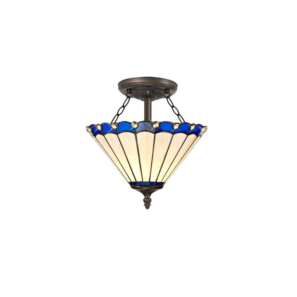 Luxuria Sleek 2 Light Semi Flush E27 With 30cm Tiffany Shade Blue/Cream/Crystal/Aged Antique Brass