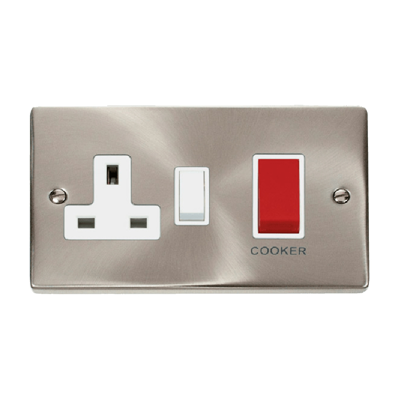 Click Deco 45A DP Switch 13A Switched Socket Satin Chrome Insert White