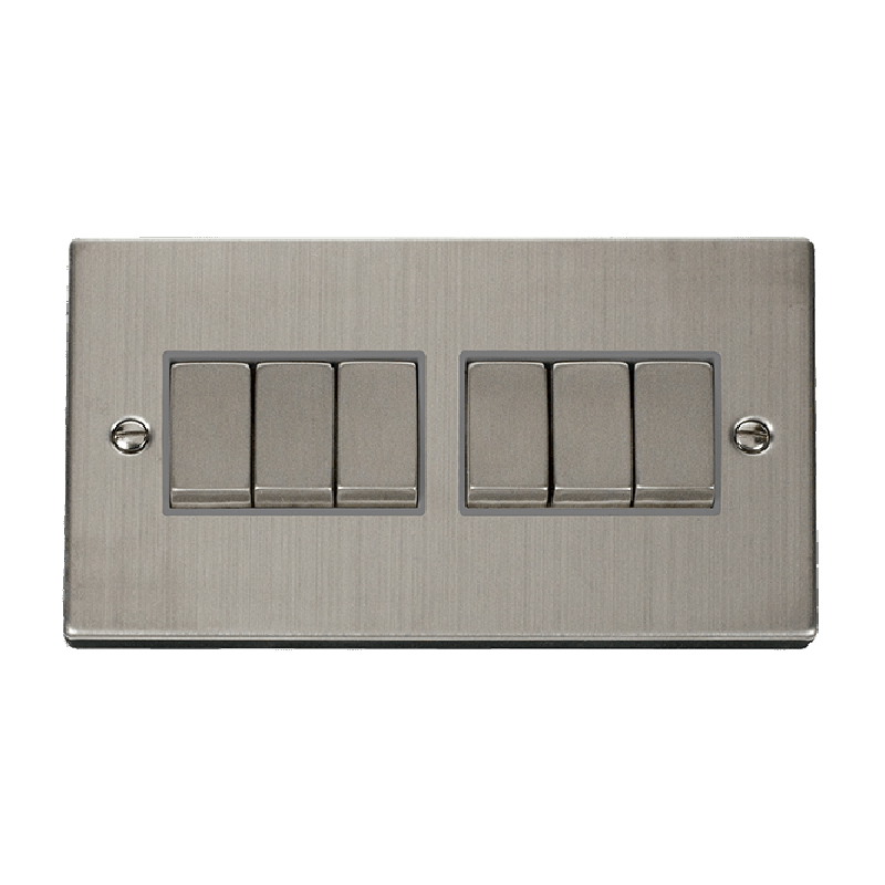 Click Deco 6 Gang 2 Way Ingot 10AX  Switch Stainless Steel Grey Inserts