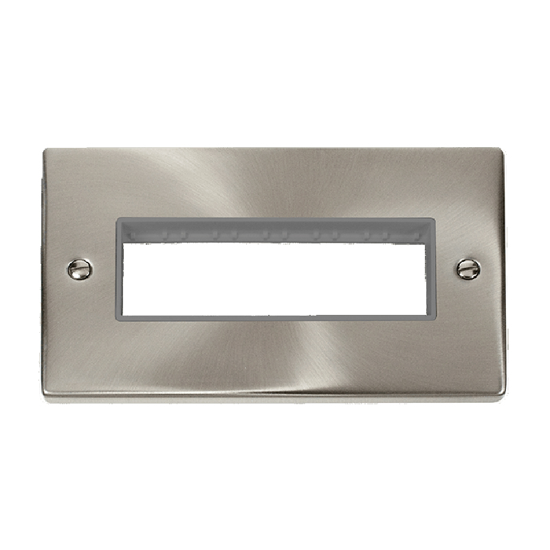 Click Deco 2 Gang Plate 6 Aperture Unfurnished Plate Satin Chrome Grey Inserts