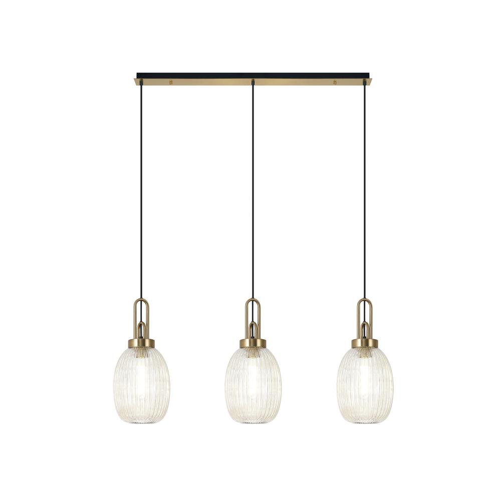 Luxuria Kennith Linear 3 Light Pendant E27 With 20cm Almond Ribbed Glass Champagne Brass Gold/Matt Black