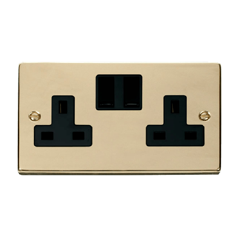 Click Deco 2 Gang 13A DP Switched Socket Outlet (Twin Earth) Polished Brass Insert Black