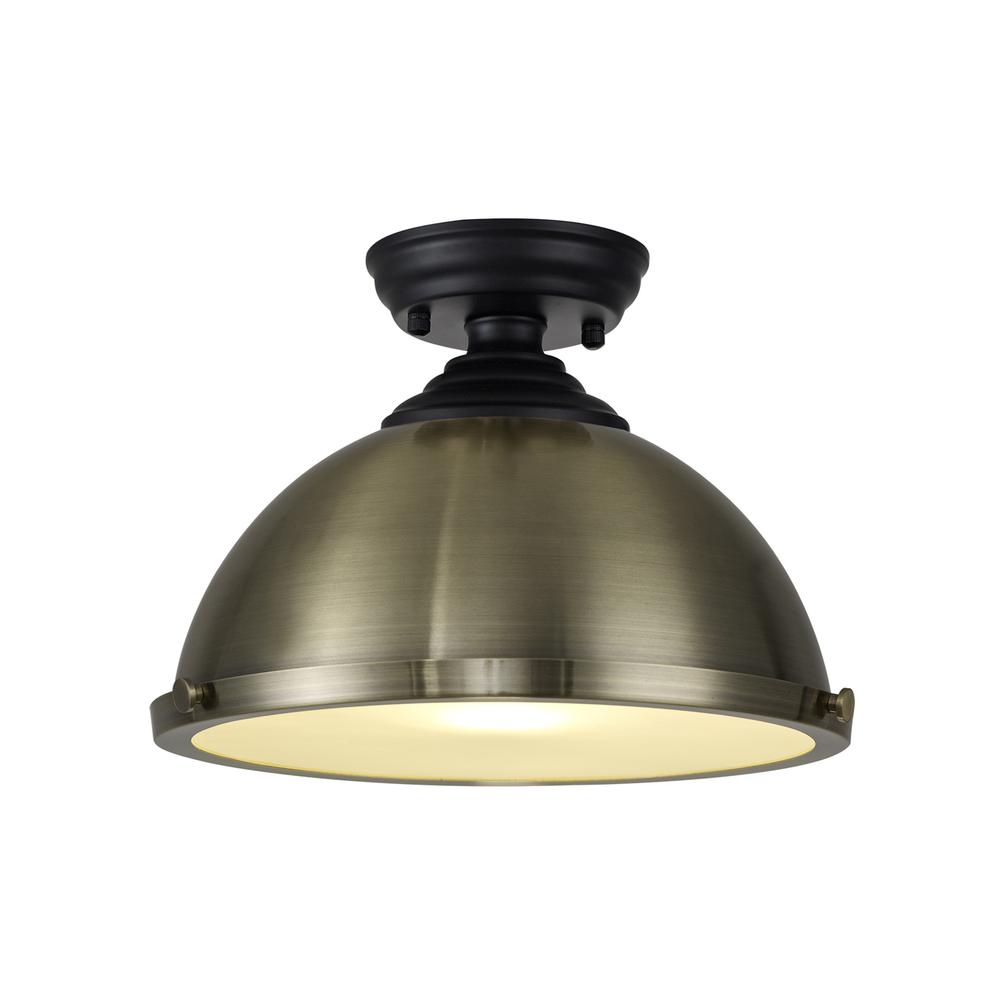 Luxuria Sirius Flush Ceiling Light E27 With Round 31cm Metal Shade Matt Black/Antique Brass/Frosted White