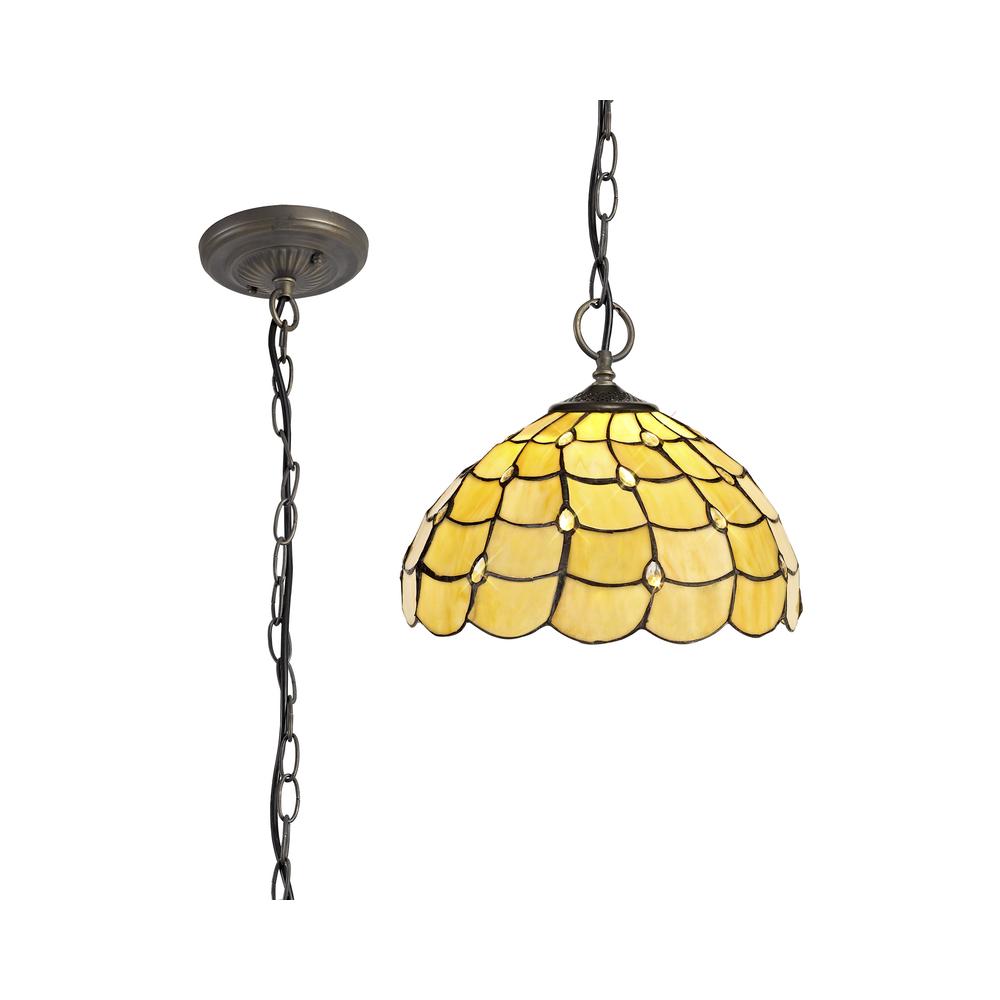 Luxuria Luna 3 Light Downlighter Pendant E27 With 30cm Tiffany Shade Beige/Clear Crystal/Aged Antique Brass