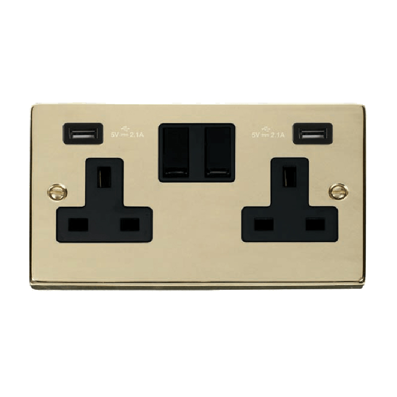 Click Deco 13A 2G Switched Socket with Twin 2.1A USB Outlets Polished Brass Insert Black