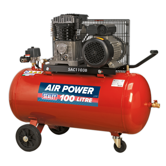 Sealey SAC1103B 100L Belt Drive Air Compressor 3hp with Cast Cylinders & Wheels100L Belt Drive Air Compressor 3hp with Cast Cylinders & Wheels