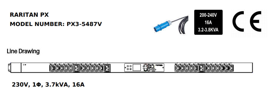 Raritan PX3-5487V iPDU: 230V, 16A, 24 Outlets (21x C13, 3x Locking C19), Plug: IND309 16A, BTO. Replaceable Controller,LCD Display,2x USB-A,1x USB-B, Outlet Metered / Outlet Switched Serial, Ethernet and Sensor Port (PX-5000 Series) BTO