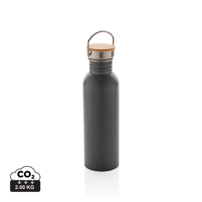 MODERN STAINLESS STEEL METAL BOTTLE with Bamboo Lid in Grey.