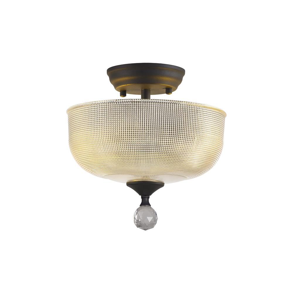 Luxuria Sirius Flush Ceiling Light 2xE27 With Round 26.5cm Prismatic Effect Glass Shade Graphite/Clear