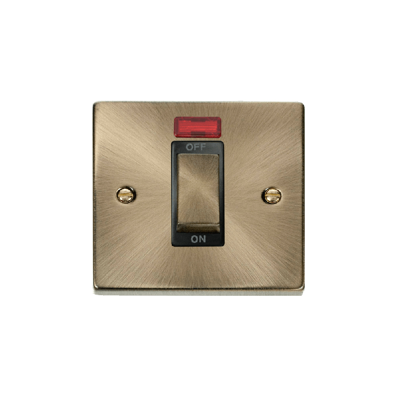 Click Deco 45A Ingot 1 Gang DP Switch With Neon Antique Brass Insert Black