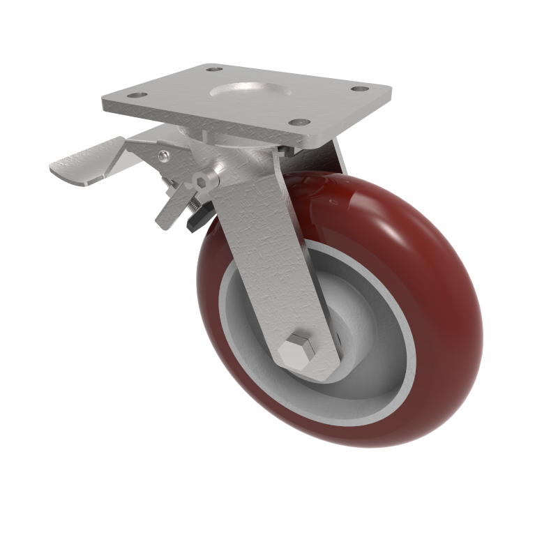 Ergonomic Polyurethane Plate Swivel Castor Brake 200mm 600kg Load