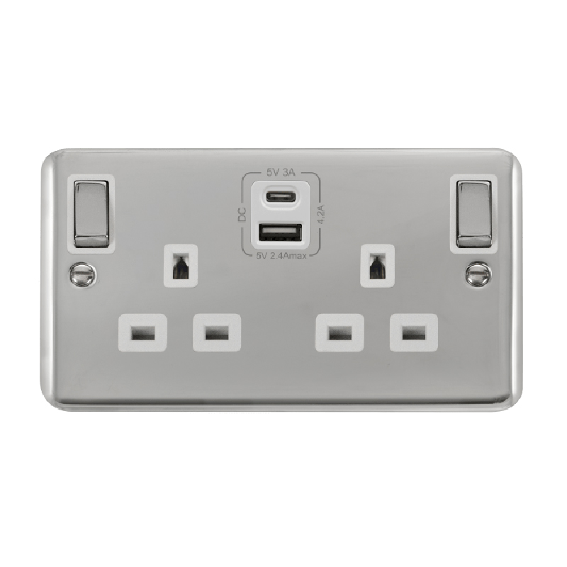 Click Deco Plus 13A Ingot 2G Switched Socket Outlet With Type A & C USB 4.2A Outlets Polished Chrome White Inserts