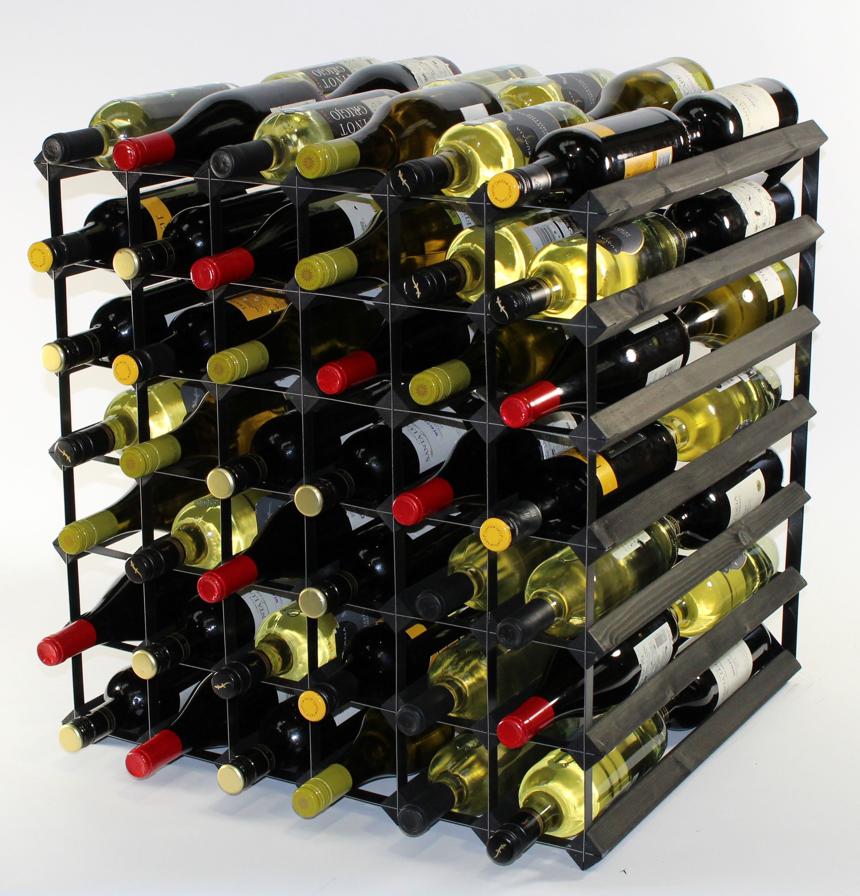 Double depth 84 bottle wine rack - Black stain wood - Black metal