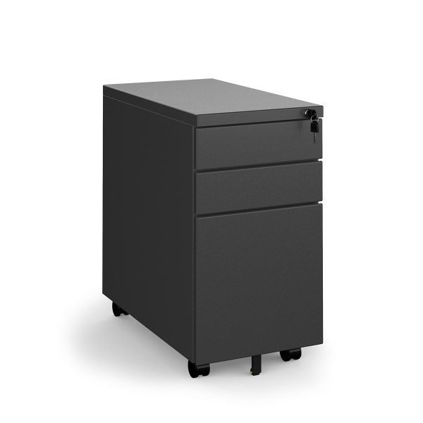 Steel 3 Drawer Narrow Mobile Pedestal - Black