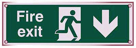 Fire exit down visual impact 5mm acrylic sign 450x150mm c/w stand off locators