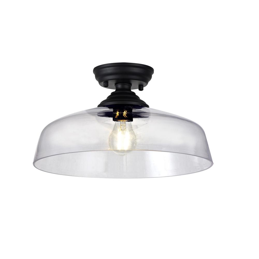 Luxuria Sirius Flush Ceiling Light E27 With Flat Round 38cm Glass Shade Matt Black/Clear