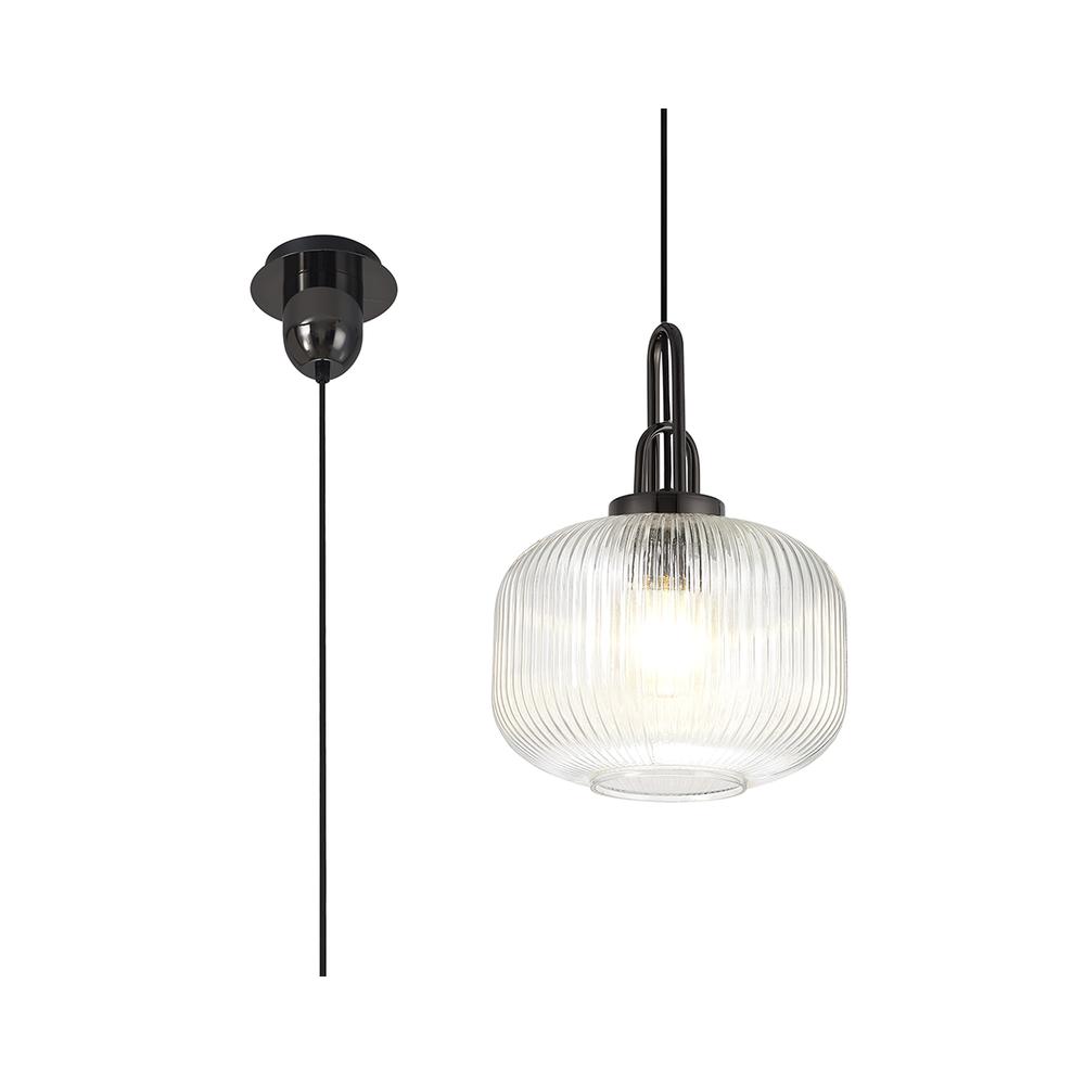 Luxuria Kennith Pendant Light E27 With 30cm Pumpkin Shaped Ribbed Glass Clear Black Chrome/Matt Black