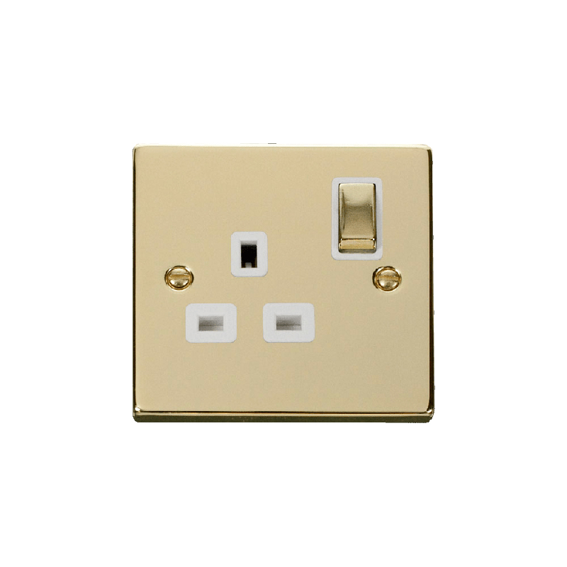 Click Deco 1 Gang 13A DP 'Ingot' Switched Socket Outlet Polished Brass Insert White