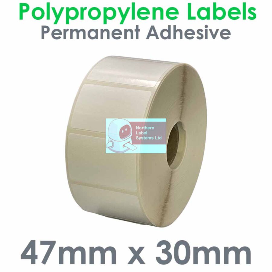 047030GPNPW1-2000, 47mm x 30mm Gloss White Polypropylene Label, Permanent Adhesive, FOR SMALL DESKTOP LABEL PRINTERS