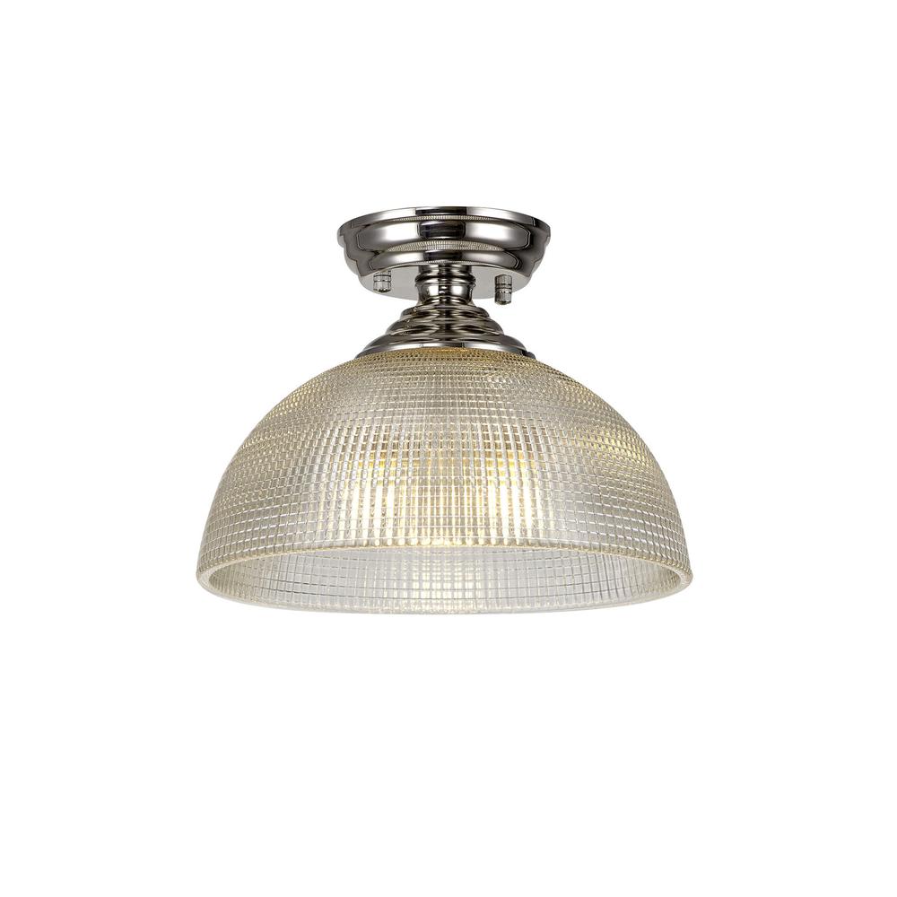 Luxuria Sirius Flush Ceiling Light E27 With Round 30cm Prismatic Effect Glass Shade Polished Nickel/Clear