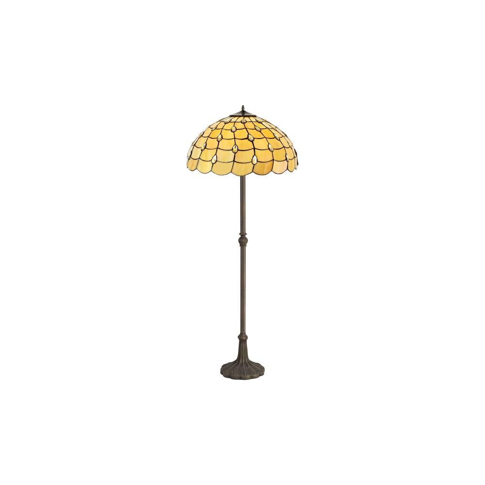 Luxuria Luna 2 Light Leaf Design Floor Lamp E27 With 50cm Tiffany Shade Beige/Clear Crystal/Aged Antique Brass