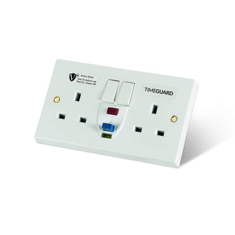 TimeGuard RCD Protected Double Gang White Switched Socket Active