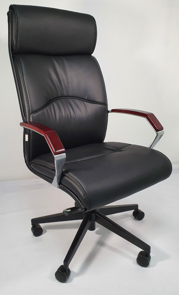 Slim Black Leather Office with Wood Arms - YS818 UK