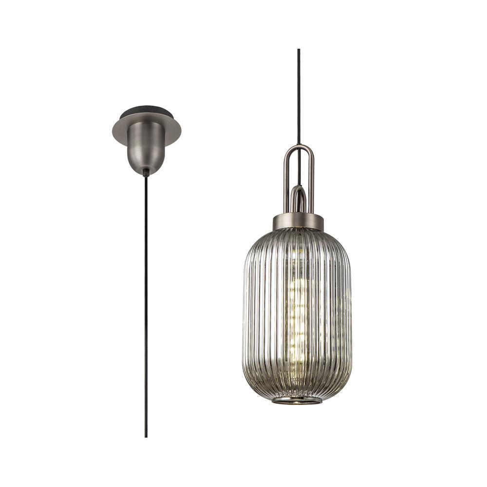 Luxuria Kennith Pendant Light E27 20cm Tubular Ribbed Glass Smoked Antique Silver/Black