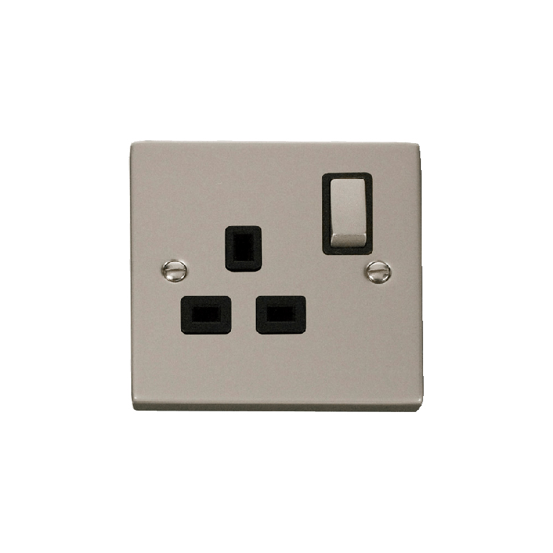 Click Deco 1 Gang 13A DP 'Ingot' Switched Socket Outlet Pearl Nickel Insert Black