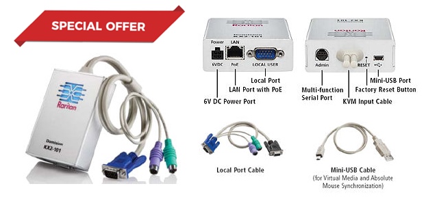 DKX2-101 - Raritan - Dominion 2 Original Version VGA&PS2 KVM &#43; USB PoE KVM to Single Computer or device. Allows Power over ethernet. Also Supports Virtual Media, Local Access & serial output control. *SPECIAL OFFER*