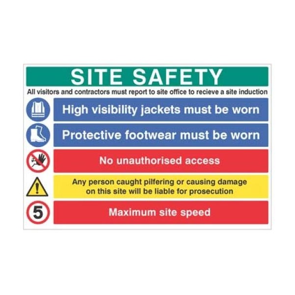 Site Safety Board - Hi-Vis, Boots, 5mph - Rigid Plastic - 900 x 600mm
