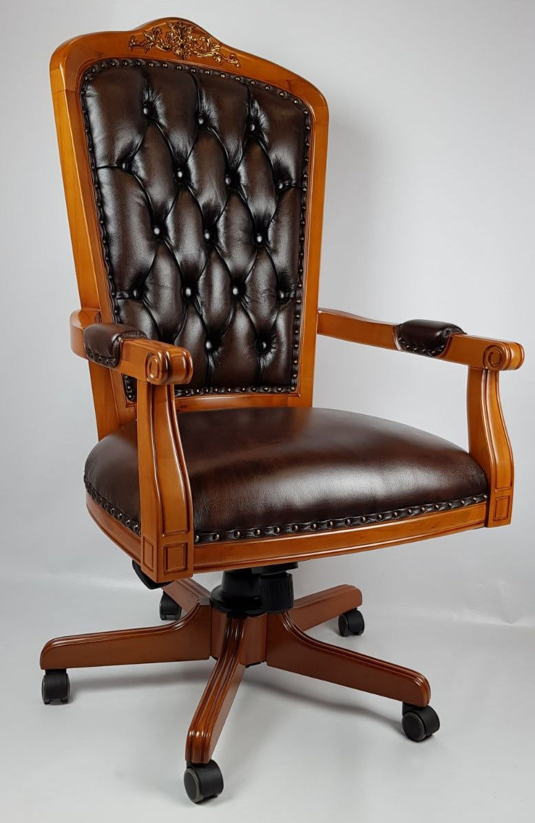 Solid Wood Frame High Back Real Brown Leather Chesterfield Captains Chair - CPT-02 UK