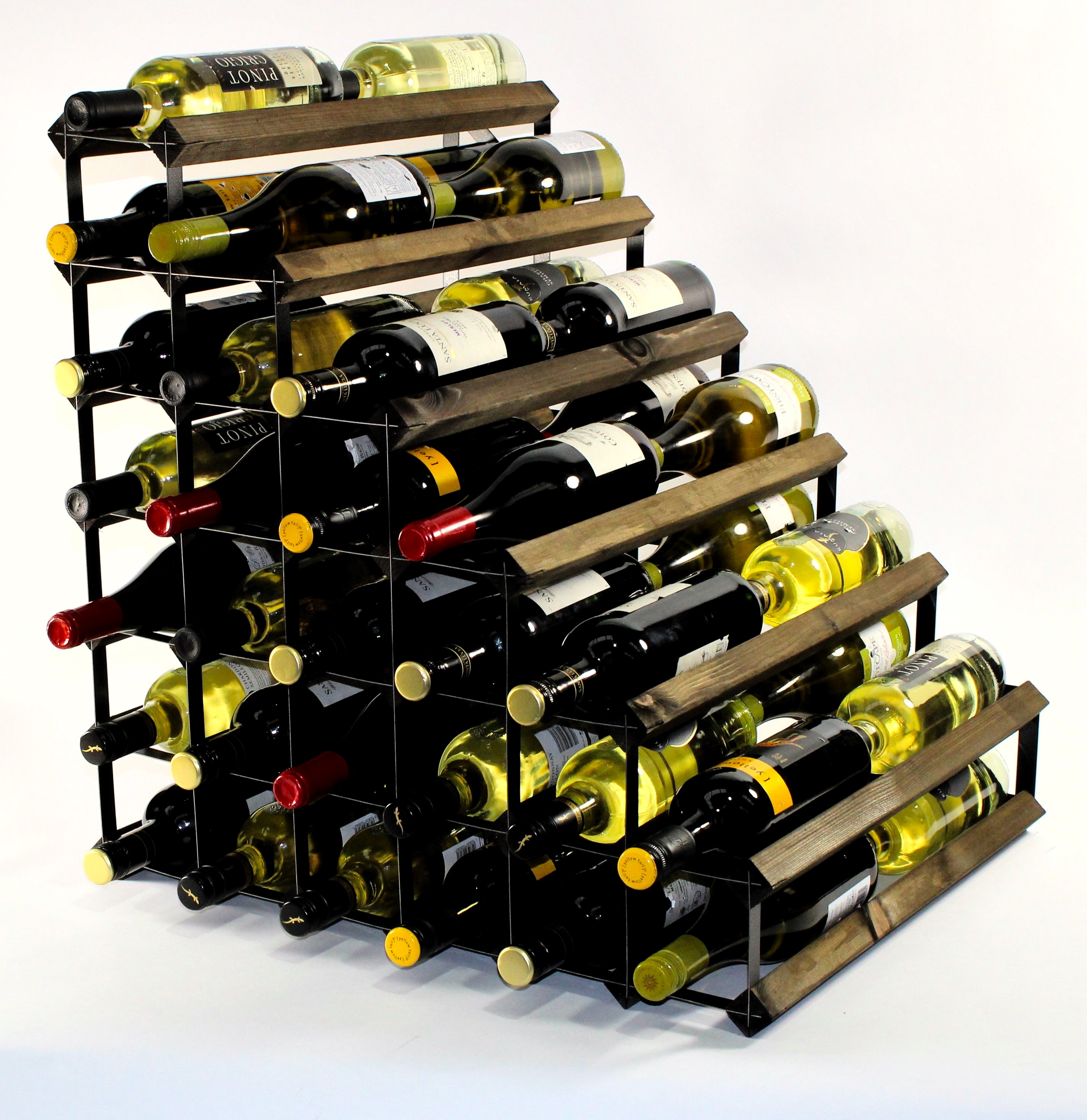 Double depth 54 bottle understairs wine rack - Dark Oak stain wood - Black metal