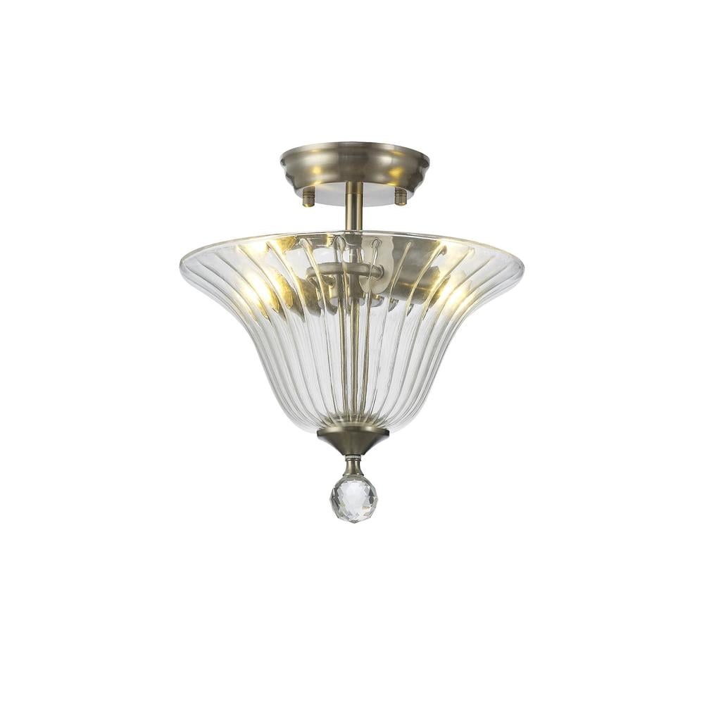 Luxuria Sirius Flush Ceiling Light 2xE27 With Bell 30cm Glass Shade Satin Nickel/Clear