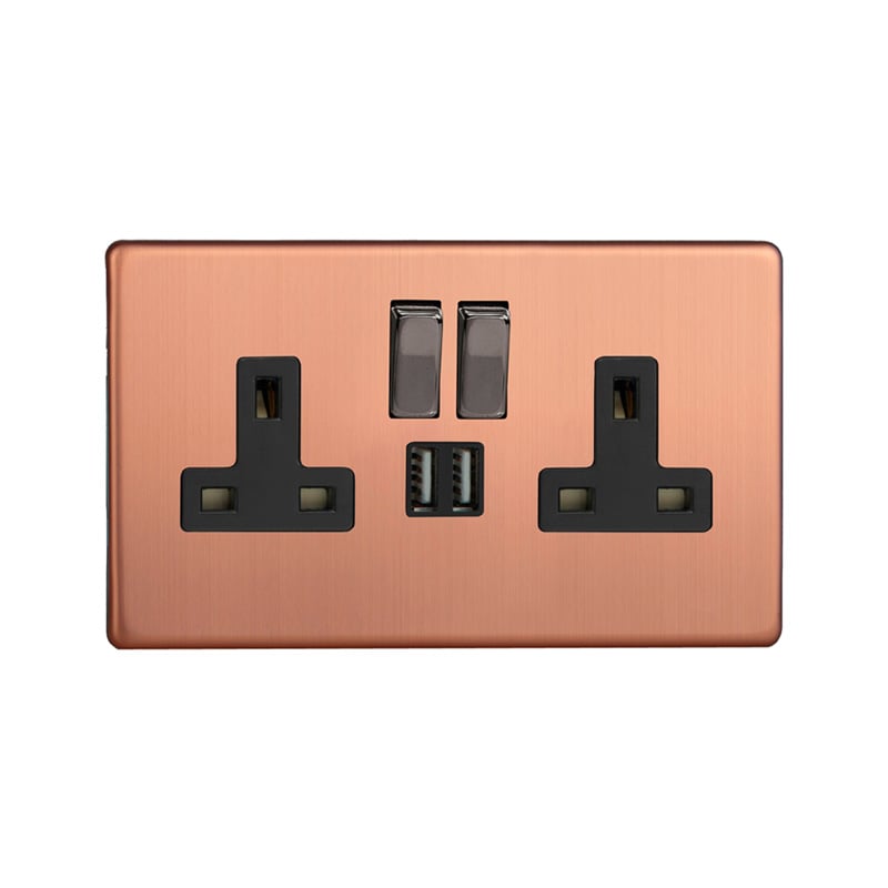 Varilight Urban 2G 13A SP Switched Socket with USB Charging Ports Brushed Copper Screw Less Plate
