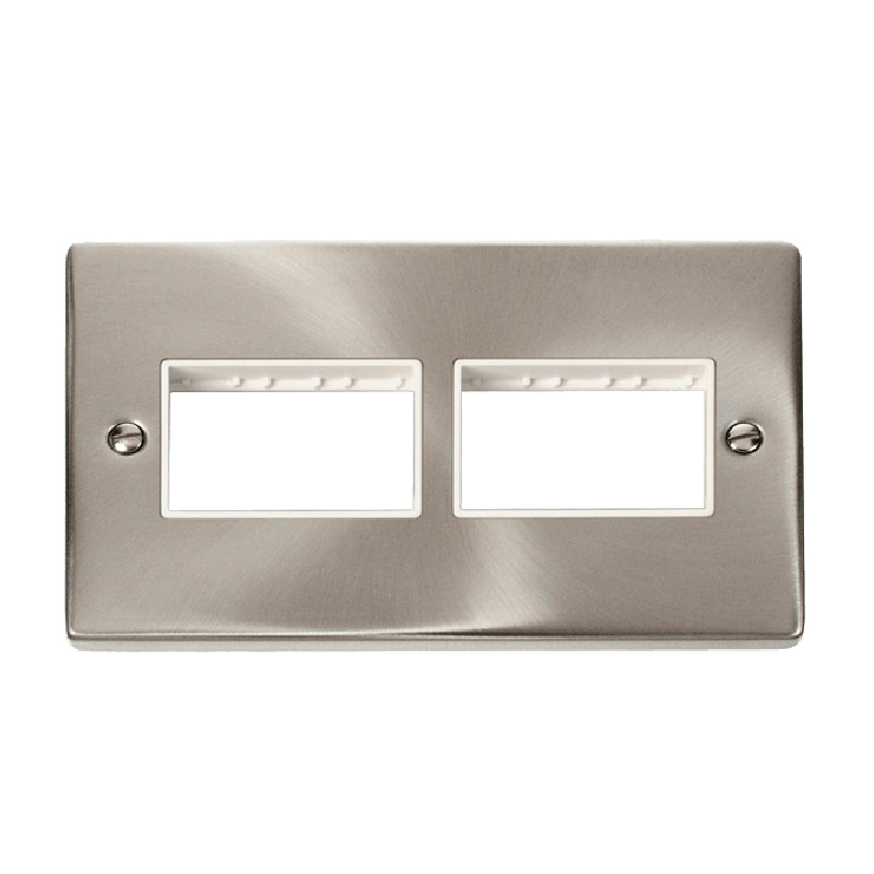 Click Deco 2 Gang Plate 2 x 3 Aperture Unfurnished Plate Satin Chrome White Inserts