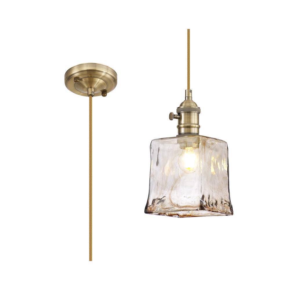 Luxuria Alaskan Switched Pendant 1.5m E27 Antique Brass / Golden Brown Braided Cable / Brown Square Glass