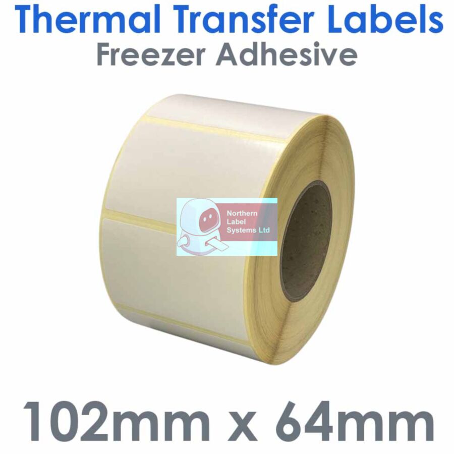 102064TTYFW1-2000, 102mm x 64mm, Freezer Adhesive, Thermal Transfer Labels, 2,000 per roll, FOR LARGER LABEL PRINTERS