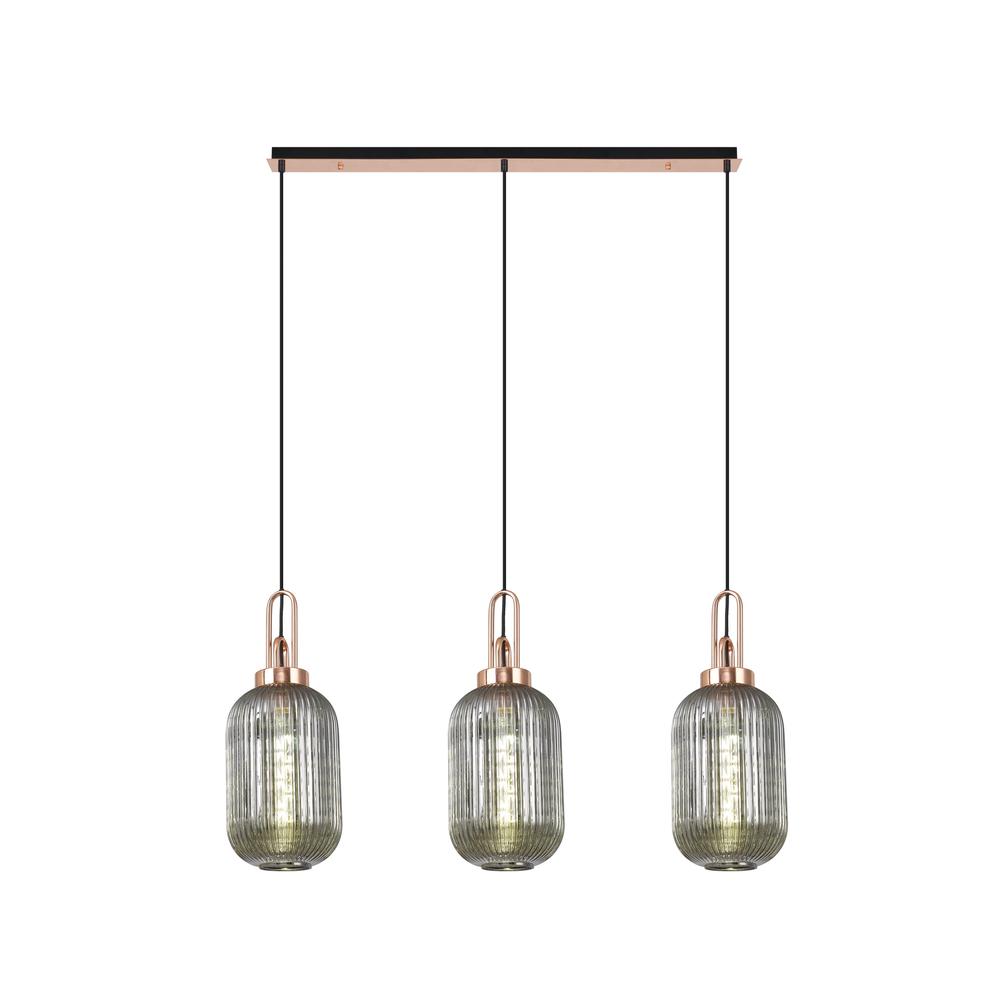 Luxuria Kennith Linear 3 Light Pendant E27 With 20cm Tubular Ribbed Glass Smoked Copper/Matt Black