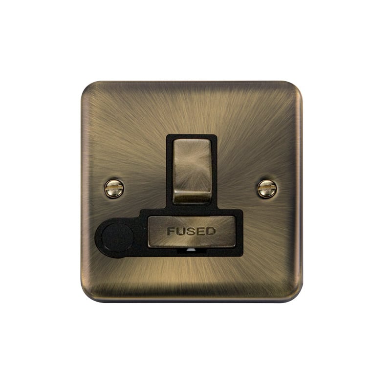 Click Deco Plus Switched Fused Spur Antique Brass Black Inserts Flex Outlet