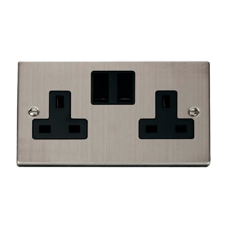 Click Deco 2 Gang 13A DP Switched Socket Outlet (Twin Earth) Stainless Steel Insert Black