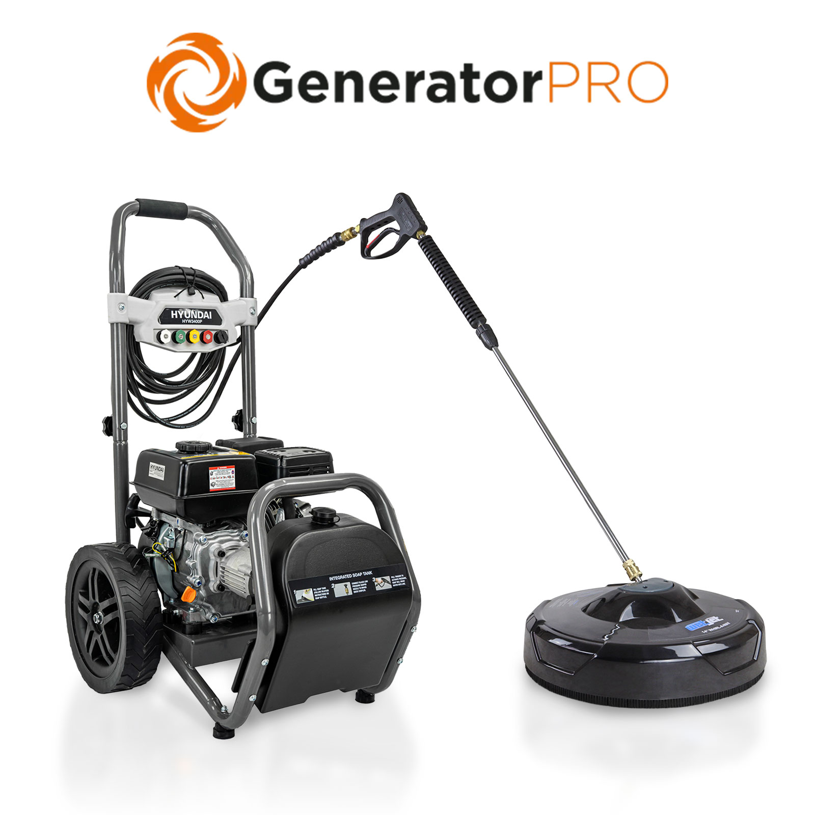Hyundai 3400psi / 234 bar Petrol Pressure Washer, 9L/min, 7hp, 210cc with 10m Hose & Detergent Tank 