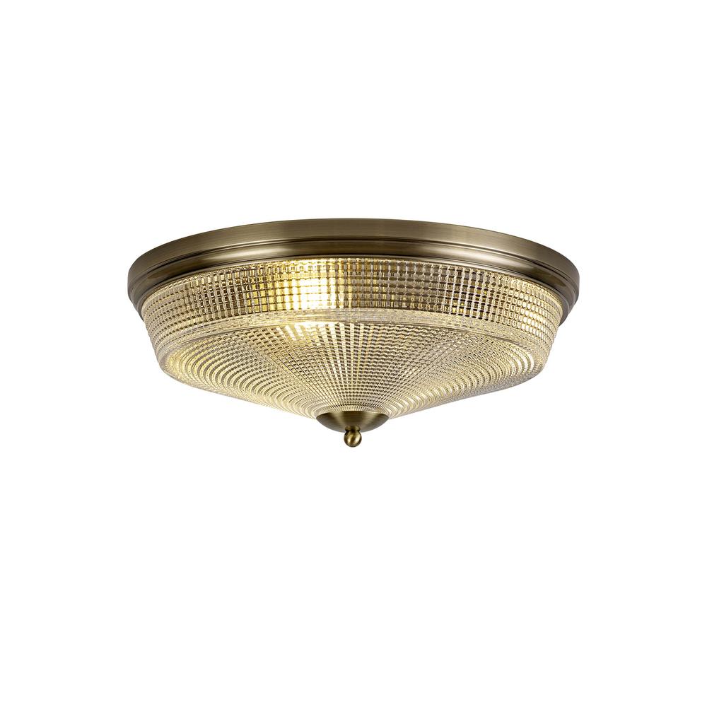 Luxuria Toussenel 43.8cm 3 Light E27 Flush Ceiling Light Antique Brass/Prismatic Glass